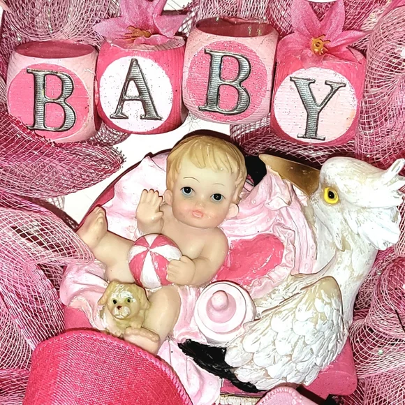 It's a Girl Wreath Deco Mesh Hand Painted Baby Stork Floral - Picture 6 of 13